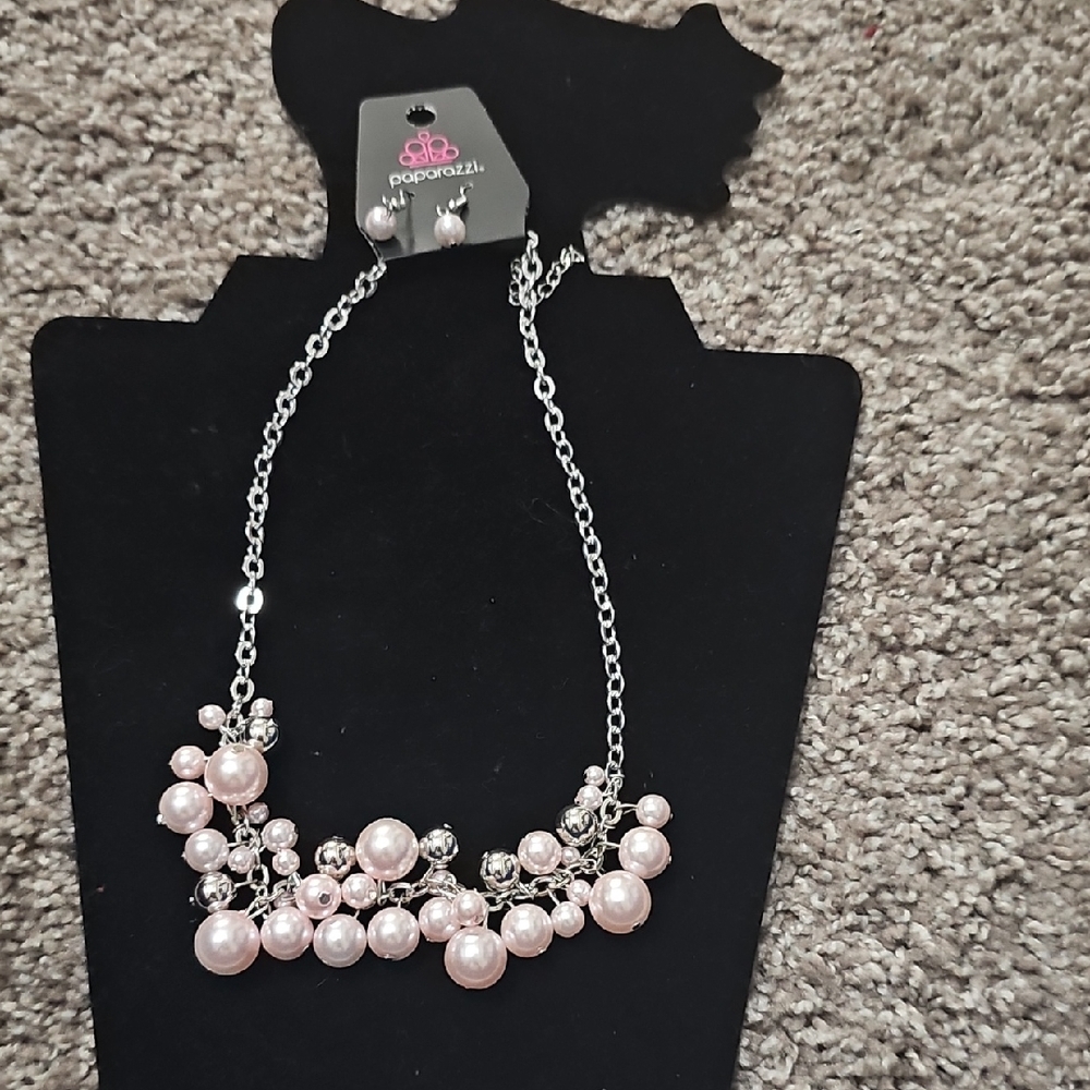 paparazzi Blush Pearl Cluster Necklace with Silver Accents